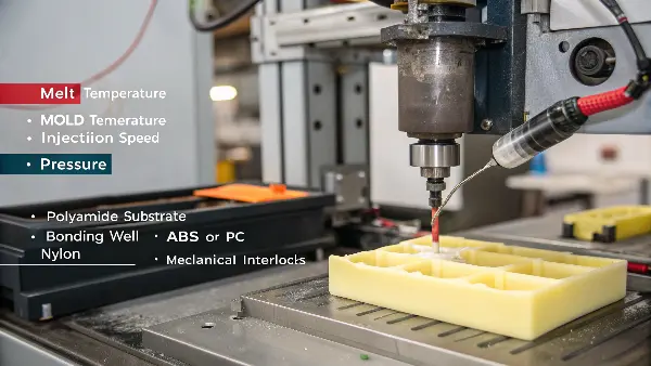 A close-up of a nylon overmolded part showing a clean bond line.