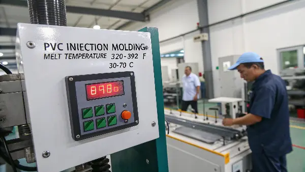 Optimizing PVC Injection Molding A close-up of a PVC part being ejected from an injection molding machine.