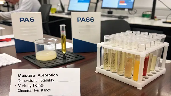 A side-by-side comparison of a PA66 part and a PA11 part after water immersion