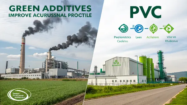 Diagram showing the lifecycle of PVC with eco-friendly additives, highlighting reduced emissions and recyclability.