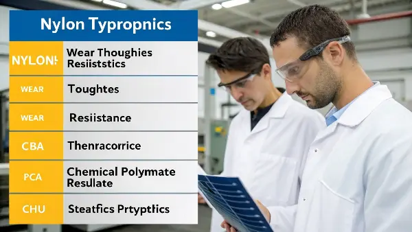 An assortment of plastic gears and components made from Nylon, PC, POM, and PBT.