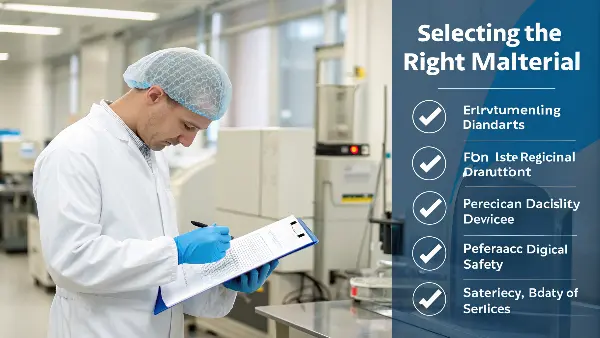 Material Selection for Medical Devices An array of medical-grade plastic pellets and a finished medical device.