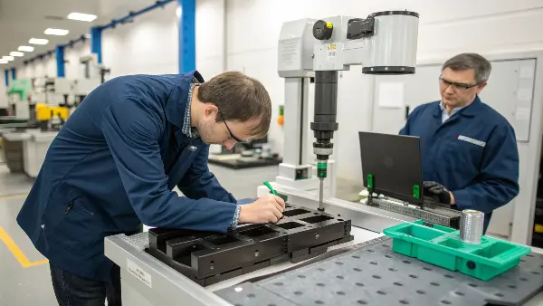 Quality Control for Nylon Parts A quality control inspector measuring a black nylon injection molded part with digital calipers.