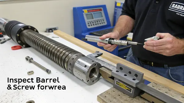 An engineer using a caliper to measure an injection molding screw