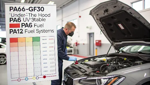 Nylon Automotive Parts Guide A collection of different automotive parts made from various types of nylon.