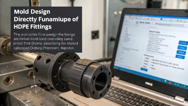 Injection Mold for HDPE Fitting A complex steel injection mold opened up to show the cavity for a pipe fitting.