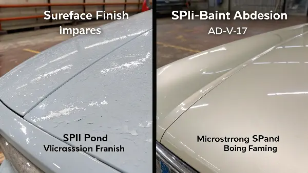 A close-up view showing paint adhering to a textured surface versus peeling off a smooth one.