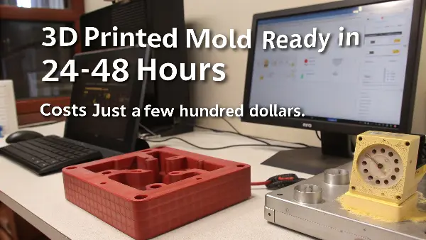 A side-by-side comparison of a project calendar showing weeks for traditional vs. days for 3D printing.