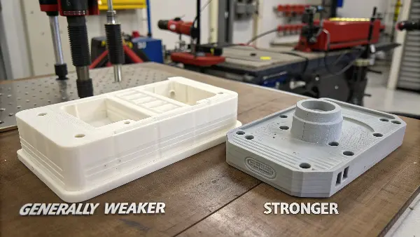 A diagram comparing the internal structure of a 3D printed part versus an injection molded part.
