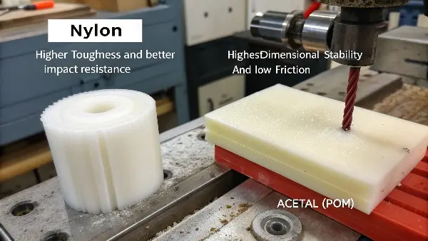 A white Acetal (POM) conveyor belt component next to a Nylon pulley wheel.