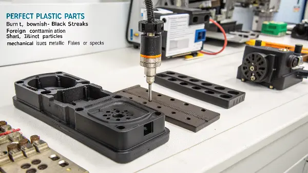 A close-up view of black specks on a white injection molded part