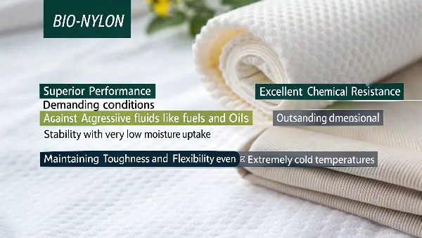 A visual showing parts made of bio-nylon used in automotive, sports, and industrial applications