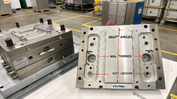 A close-up of an open injection mold, showing the cavity and core.