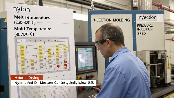 Nylon Injection Molding Parameters A close-up of an injection molding machine's control panel displaying temperature and pressure settings.