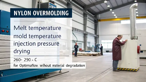 A control panel of an injection molding machine showing temperature and pressure settings.