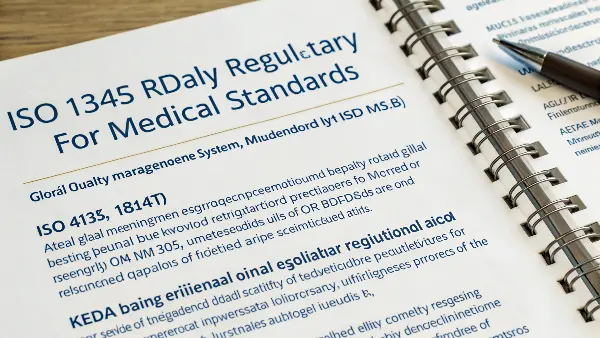 Regulatory Standards for Medical Devices A quality inspector reviewing documents with regulatory standard codes.