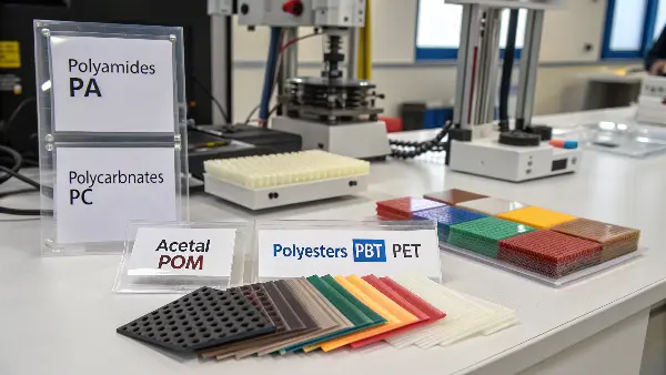 An array of gears, connectors, and housings made from different engineering plastics