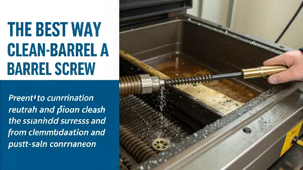 A technician carefully cleaning an injection molding screw with non-abrasive tools