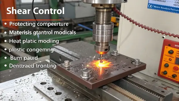 Shear Heat Generation in Injection Molding An animation or diagram showing the shear forces on plastic pellets as the injection screw rotates and pushes them forward