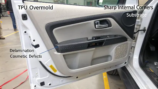 A 3D CAD model highlighting design flaws in a part.