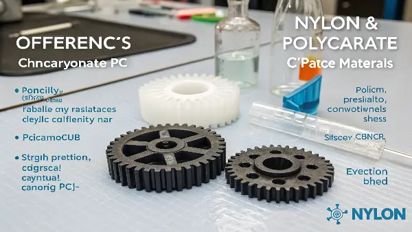 A clear Polycarbonate housing next to a black Nylon gear.