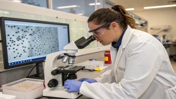 Warehouse workers inspecting and handling large bags of polymer resins.