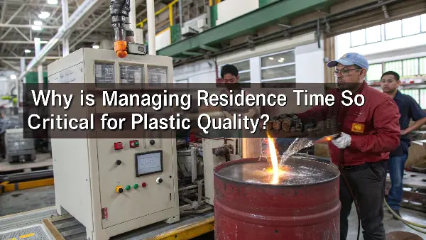 Plastic Residence Time in Injection Molding A visual representation showing plastic pellets entering a barrel and the finished part exiting, with a clock icon indicating the time spent inside
