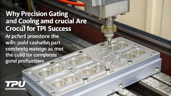Close-up of a complex injection mold with cooling channels visible.