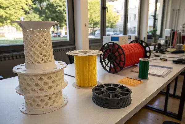 Advanced 3D Printing Filaments A collection of 3D printing filaments in different colors and materials like PETG, ASA, and Nylon.
