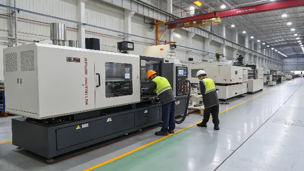 An inspector using calipers to measure a plastic part, with a batch of identical parts in the background.