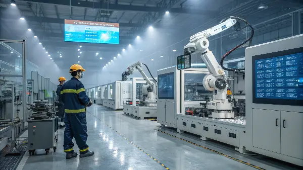 A quality control inspector using calipers to measure a plastic part, with countless identical parts in the background.