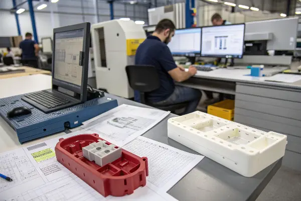 From Prototype to Production A 3D printed prototype next to a final injection molded plastic part.