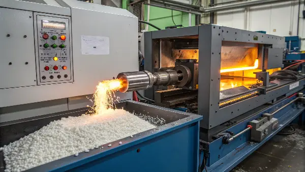 Plastic Injection Molding Machine A plastic injection molding machine in operation