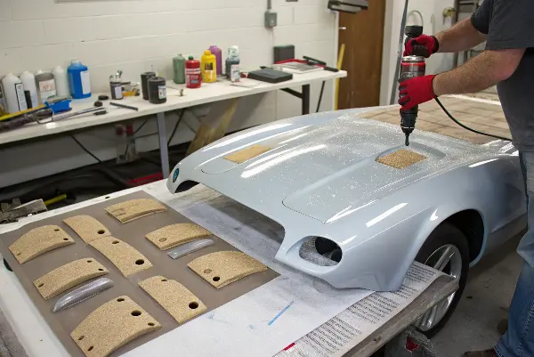 A workshop scene showing the tools for finishing SLA prints: sandpaper, clippers, and spray paint