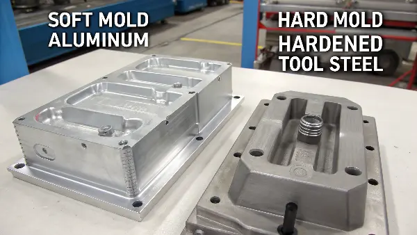 Side-by-side comparison of a shiny hardened steel mold and a softer aluminum mold.