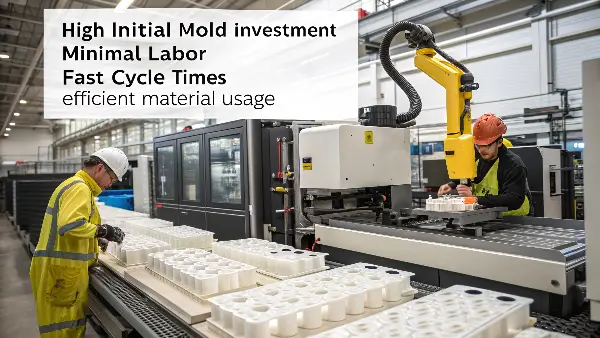 A close-up shot of small plastic parts being ejected from an injection mold.