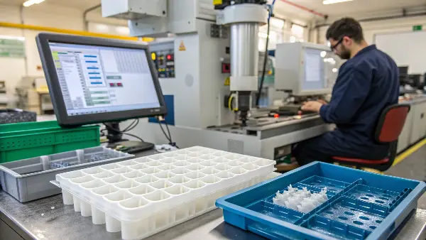 Identical plastic parts lined up in a row, showcasing their perfect consistency.