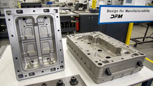 A 3D CAD model showing design for manufacturability principles like draft angles and uniform walls.