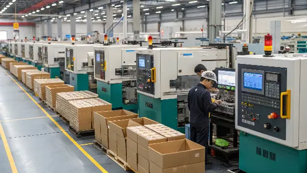 An injection molding machine in motion, quickly ejecting a finished plastic part.