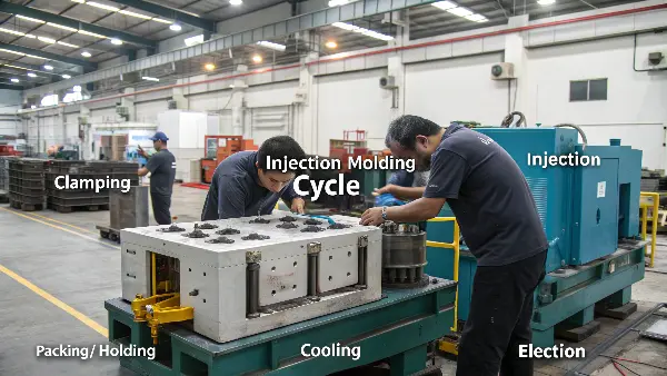 Diagram showing the 5 steps of the injection molding cycle