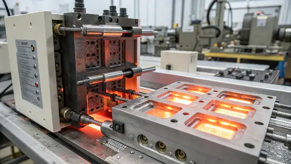 An overview of an injection molding machine in a factory setting