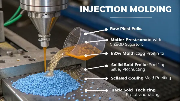 Plastic pellets being fed into an injection molding machine