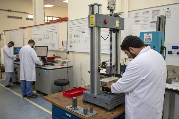 A tensile testing machine pulling a plastic sample apart