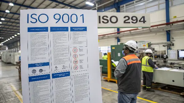 A quality control inspector using calipers to measure a plastic part against a technical drawing with ISO tolerance specifications.
