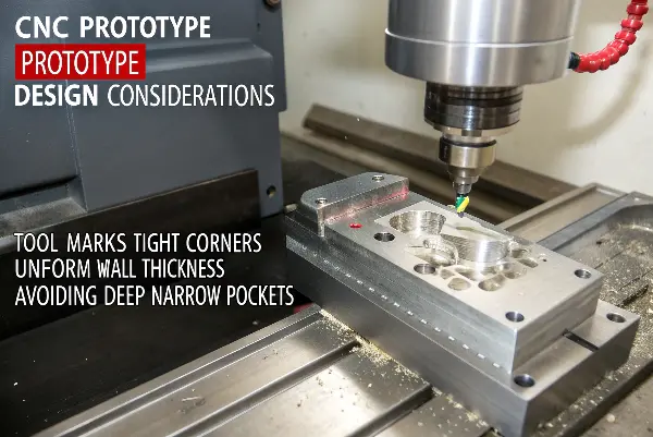 A CNC machine cutting a plastic block into a precise prototype part.
