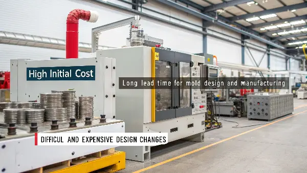 A complex steel mold being CNC machined, illustrating the high initial investment.