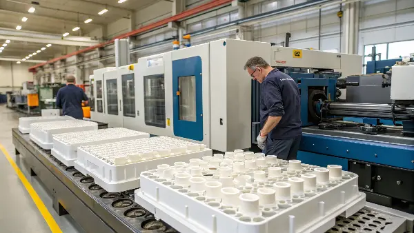 A high-speed injection molding machine in operation, producing parts rapidly.
