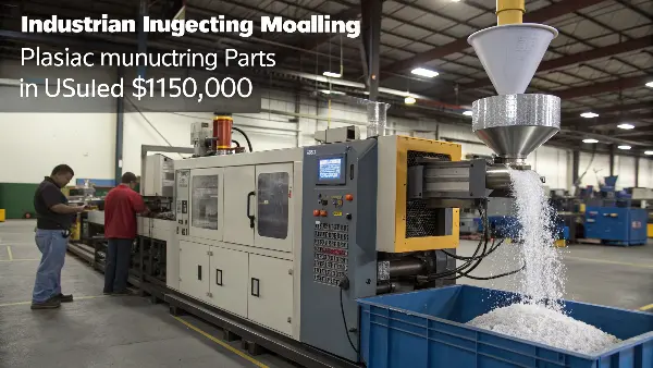 Industrial Injection Molding Machine A large industrial injection molding machine in a factory setting.