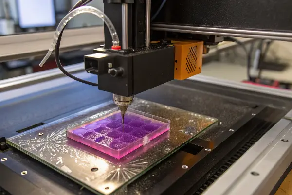 A diagram showing the SLA 3D printing process with a UV laser and resin vat