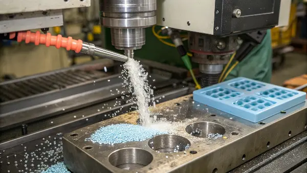 An injection molding machine in operation, with a robotic arm removing a newly molded plastic part.